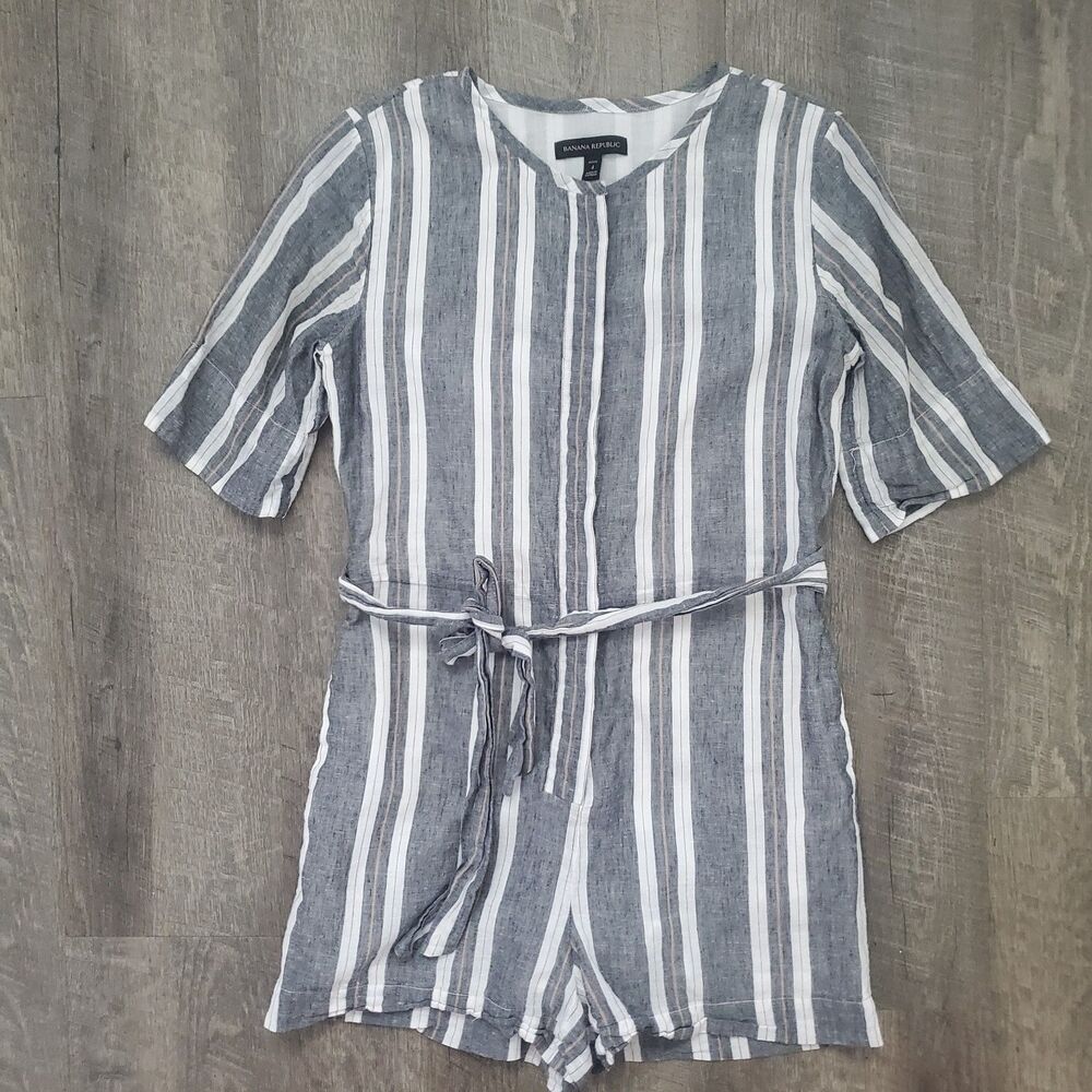 Banana Republic Women's Romper Size 4 Petite Striped Cotton Linen Tie Pockets - Picture 2 of 11